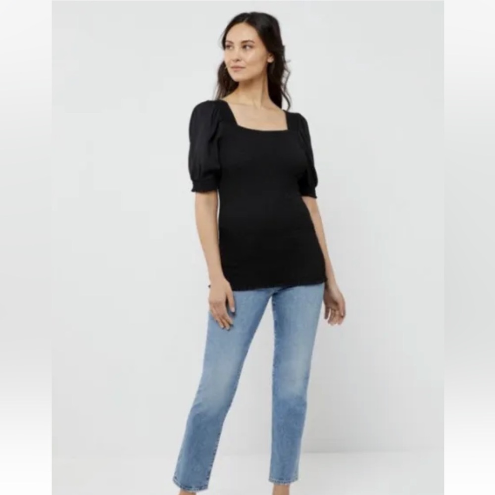 Pea in the pod smocked puff sleeve black top, maternity M nwt